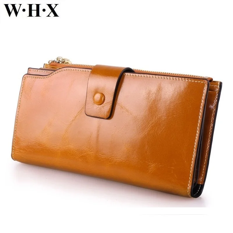 

WHX brands New Best Quality Real Cowhide Leather Wallet Women For Girls Long Wallets Female Purse Phone Card Clutch Money Bag