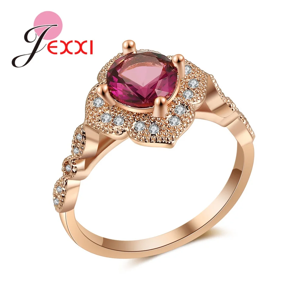 

Pretty Favorites Flower Claw setting Burgundy Zircon Sparking Micro Rhinstone Rose Gold Rings For Woman Girls Engagement