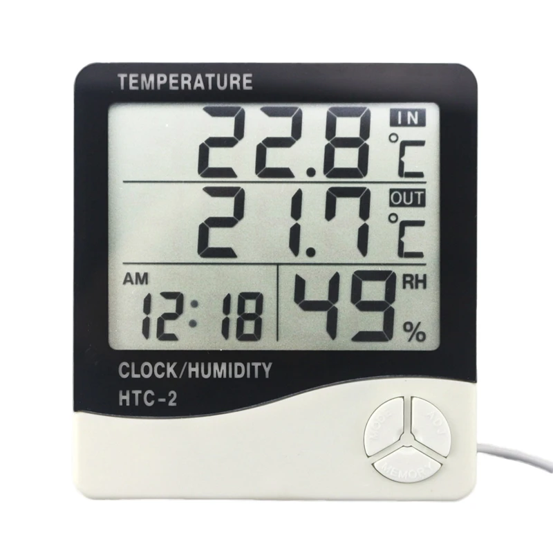 HTC-2, цифровой термометр, гигрометр, метеостанция, измеритель температуры и влажности, часы, настенные, для помещений, для улицы, датчик, ЖК-дисплей