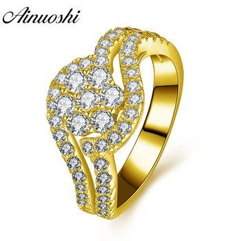 

AINUOSHI 14K Solid Yellow Gold Cluster Ring Wedding Engagement Jewelry Anillo Trendy Bridal Band Double Pave Setting Bague Ring