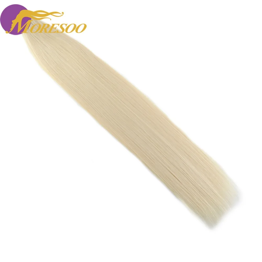 Moresoo Machine Remy Tape In Hair Extensions Brazilian Human Hair Skin Weft Platinum Blonde #60 20G-100G 14-24 Inch Tape Hair