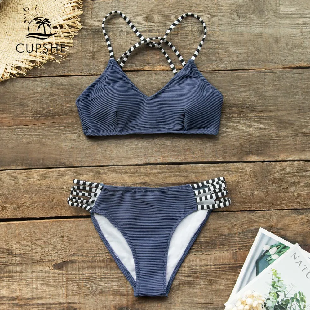 Kaufen CUPSHE Navy Blau Gerippt Und Strappy Bikini Set Sexy Spitze Up Badeanzug Zwei Stück Bademode Frauen 2019 Mädchen Strand Bade anzüge