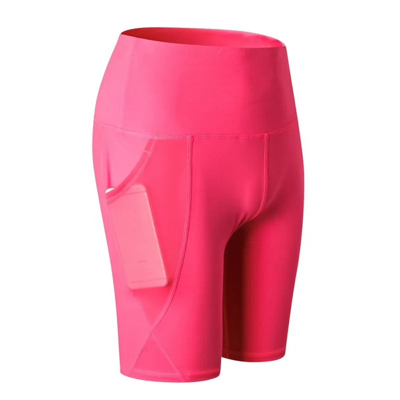 Высокая талия для женщин Йога с косыми карманами для бега женские спортивные быстросохнущие обтягивающие тянущиеся для фитнеса шорты - Цвет: Розовый