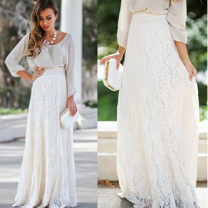 Женская шифоновая плиссированная длинная Макси юбка с двойным кружевным слоем, юбки с эластичным поясом, однотонная белая бежевая юбка