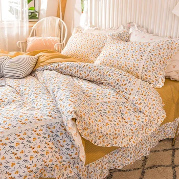 

4pcs Korean Style Pure Cotton Bed Sets Bed Duvet Cover Bed Sheet Pillowcase Wind Chimes Little Flowers