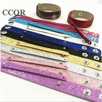 

10pcs 8mm*100mm+18mm*200mm Snap PU Sequin Bling Leather Bracelets DIY Bracelets Fit 8mm Slide Charms Letter Beads,SWD017