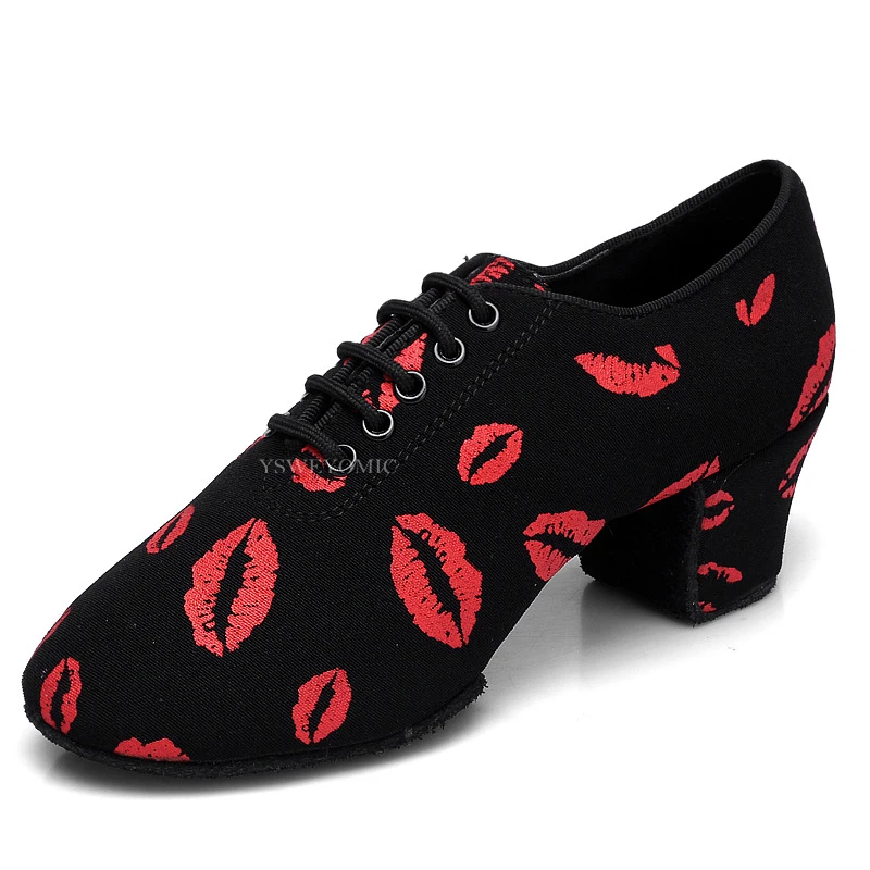 Girls Training Ballroom dancing Shoes Comfortable Black red lips Split