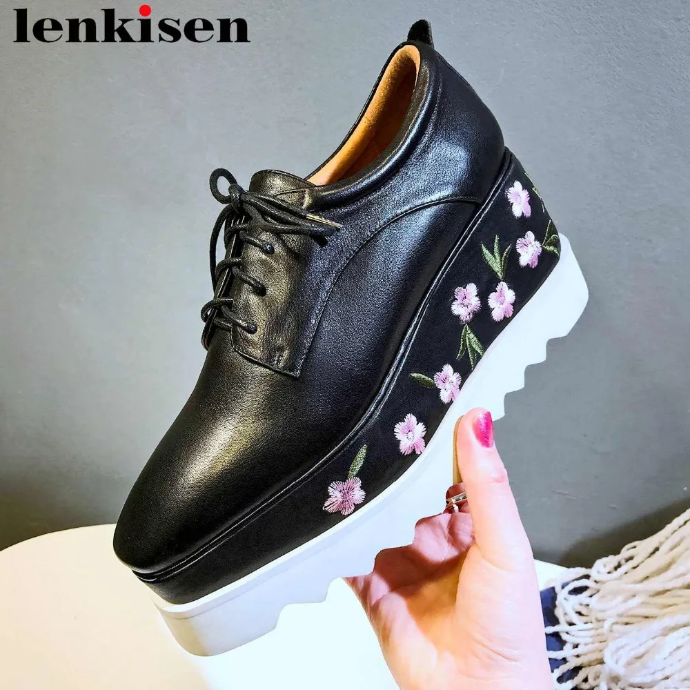 

Lenkisen handmade full grain leather flowers embroidery wedges high heels Punk style lace up women pumps runway casual wear L18