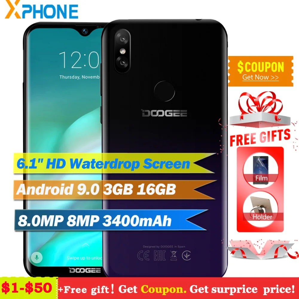 

Doogee Y8 Android 9.0 4G LTE Cell Phone 19:9 6.1" HD 3GB 16GB 3400mAh 8.0MP Face Unlock Fingerprint ID Gradient Cover Smartphone