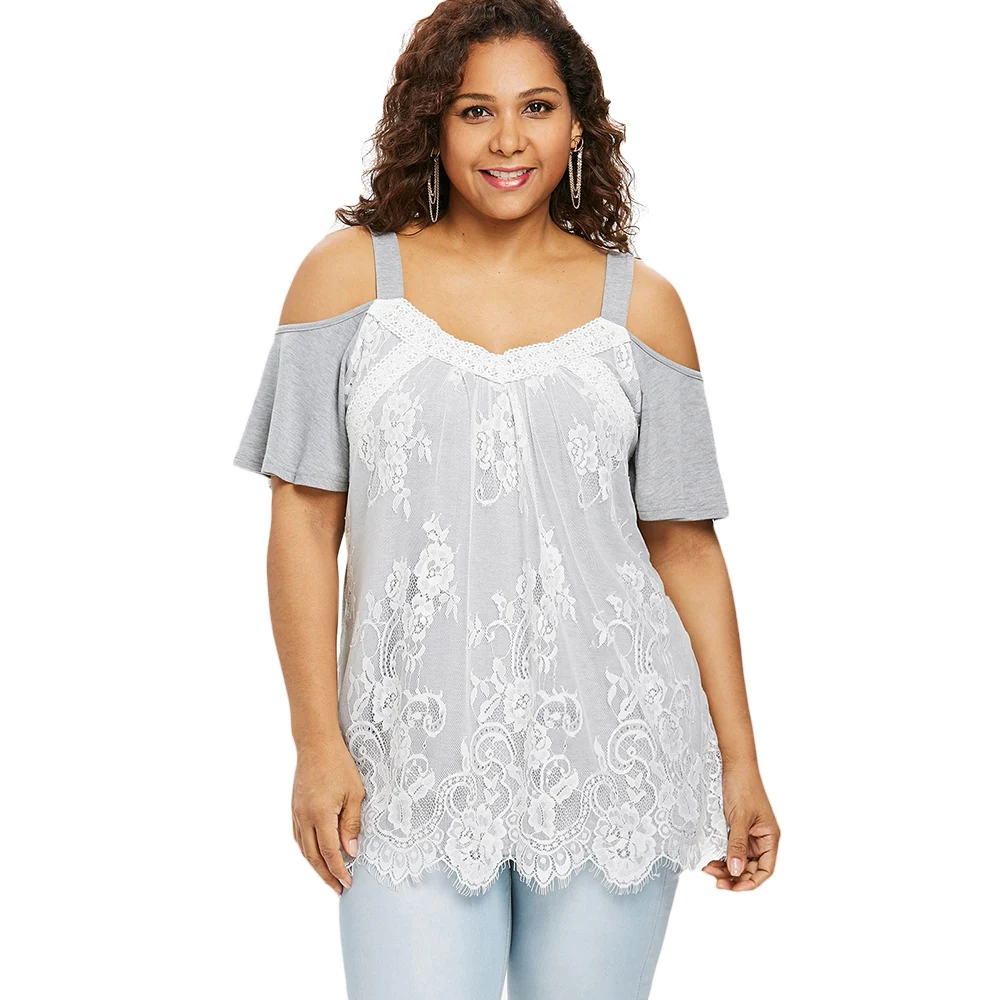 

Lortalen Plus Size Color Block Floral Lace Eyelash Tops Short Sleeve Cold Shoulder V-Neck Overlay Top Elegant Blouses Women