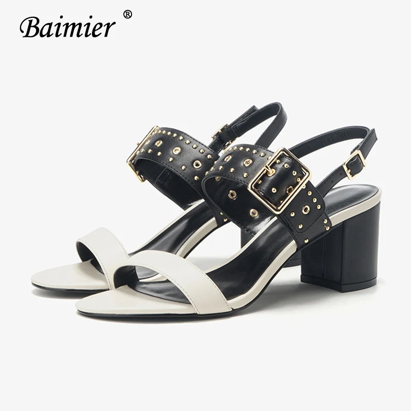 

Baimier Summer Genuine Leather Women Sandals Gold Rivet Buckle High Heels Women Sandals Open Toe Slingback Mary Jane Shoes Woman