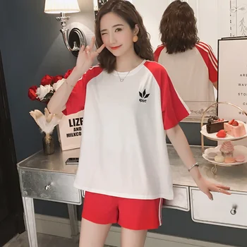 

Pregnant women summer cotton two-piece short-sleeved suit sports casual fashion print pregnancy skirt