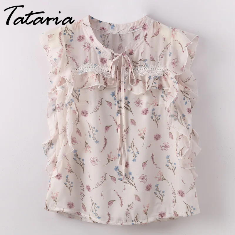

Tataria Loose Floral Printed Chiffon Blouse Women Elegant Ruffles Blouses Shirt Sleeveless Bow Tied Neck Camisas Blusas Tops