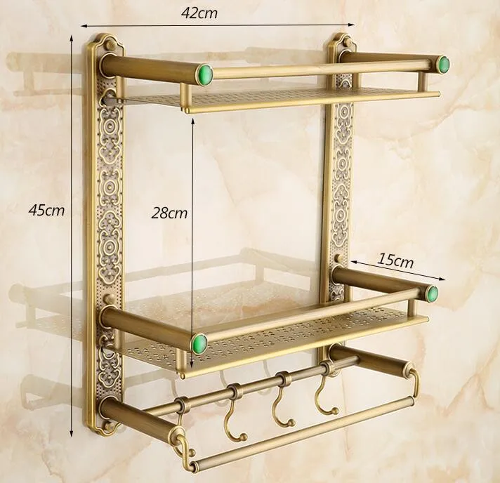 Античная двойная латунная полка для ванной комнаты с зеленым камнем держатель для полотенец Полка для ванной комнаты с крючками корзина для ванной комнаты держатель