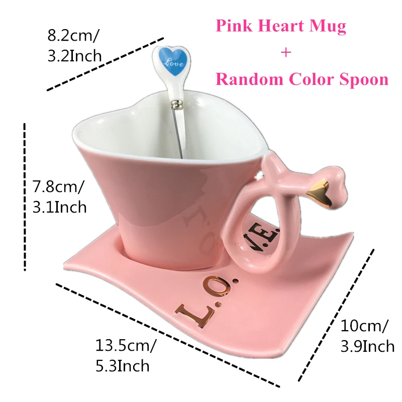 VILEAD, кофейная кружка в форме сердца для влюбленных, модная, керамическая, молочная кружка с тарелкой, для пар, чашка для утреннего чая, для офиса, чашка для воды, подарок для девочек - Цвет: Pink Random Spoon