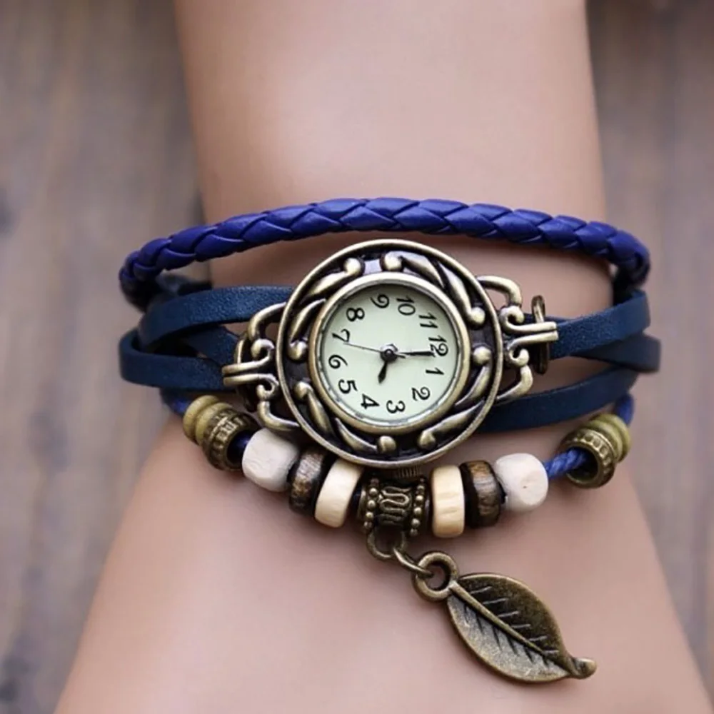 Наручные часы с плетеным ремешком, кварцевые часы с кожаными бусинами и листьями, Модные Винтажные женские наручные часы с браслетом, Relojes Mujer