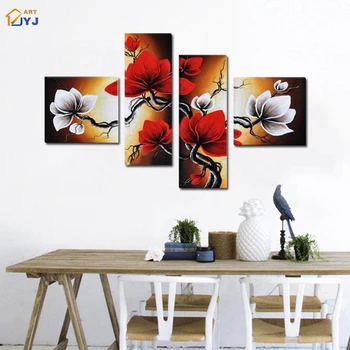 

4 Panels Modular Magnolia Flower Pic Wall Art Gift for Living Room Hand Painted Modern Oil Painting on Canvas Home Decor JYJ019