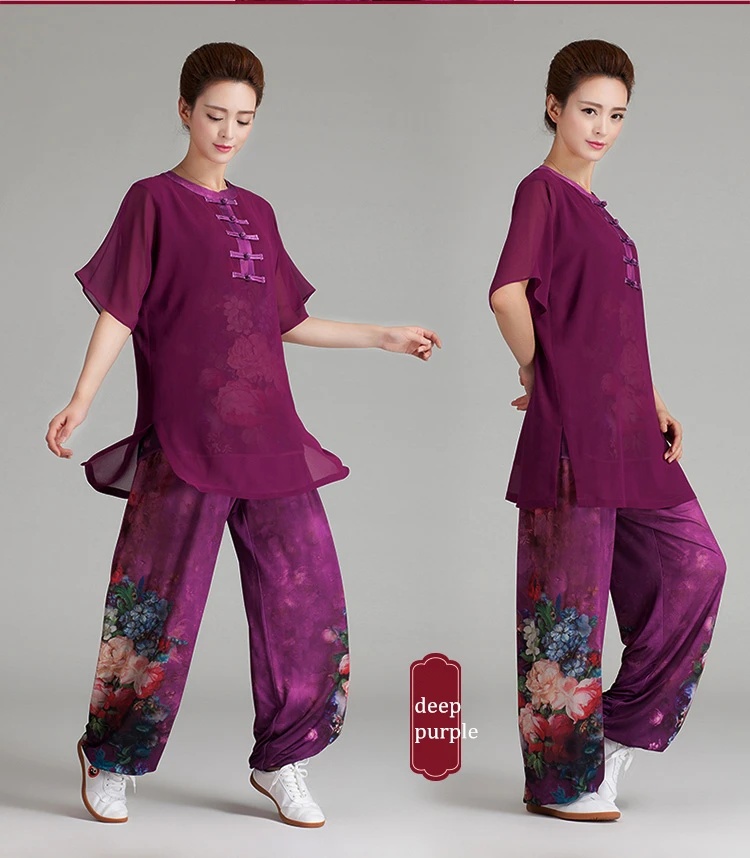 Женская дышащая Китайская одежда с цветочным принтом, 8 цветов, одежда с короткими рукавами, одежда из пряжи, форма кунг-фу с эластичными ножками