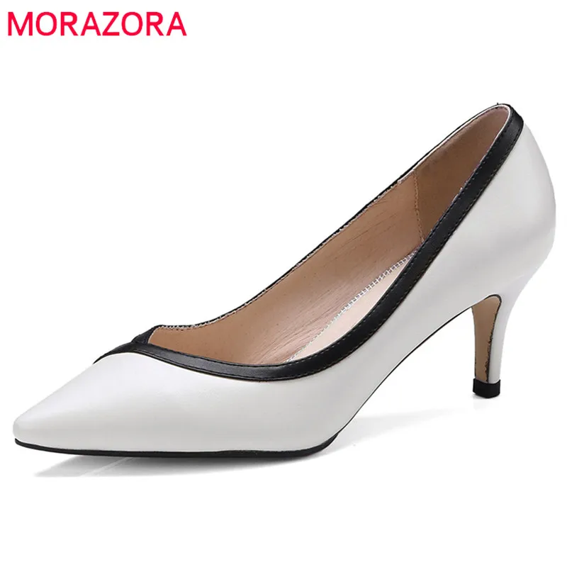 

MORAZORA 2018 genuine leather pumps women shoes pointed toe summer shoes elegant shallow mixed colors high heels dress shoes