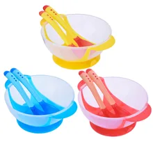 3pcs set Baby Assist Bowl Temperature Sensing Spoon Fork Infant Kids Feeding Bowl Set Baby Learning
