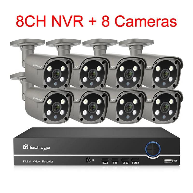 8CH NVR and 8 Camera Techage H.265 8CH 5MP POE NVR комплект CCTV система безопасности двухсторонняя аудио AI IP камера Открытый Водонепроницаемый P2P комплект видеонаблюдения - Цвет: 8CH NVR and 8 Camera
