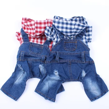 

Pet Denim Jumpsuit Puppy Cotton Plaid Shirt Doggy Outfit Coat dog Jacket Apparel 6sizes