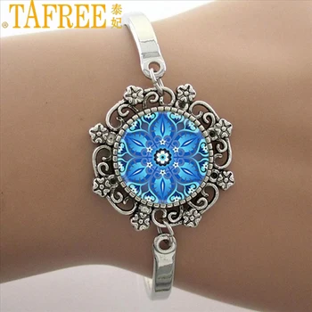 TAFREE Blue Mandala Art Picture Bracelet Hot Fashion Silver Plated Bracelet & Bangle For Men Women Yoga Zen Jewelry Gifts HT011