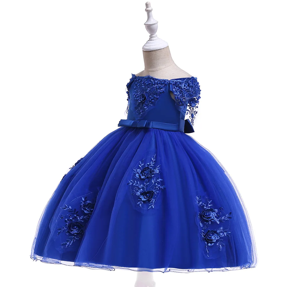 Детское свадебное платье с цветочным узором для девочек от 3 до 10 лет Элегантное нарядное торжественное платье принцессы кружевное платье без рукавов с жемчугом - Цвет: blue