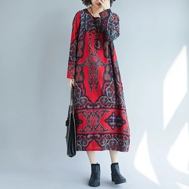 

2019 real shot spot autumn new national wind long sleeve dress loose large size cotton and linen dress