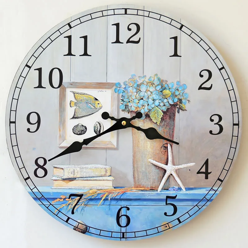 Home Study decoration wall clock mute wood Blue life Silent fish Pictures Styles Round Craft electronic digital | Дом и сад