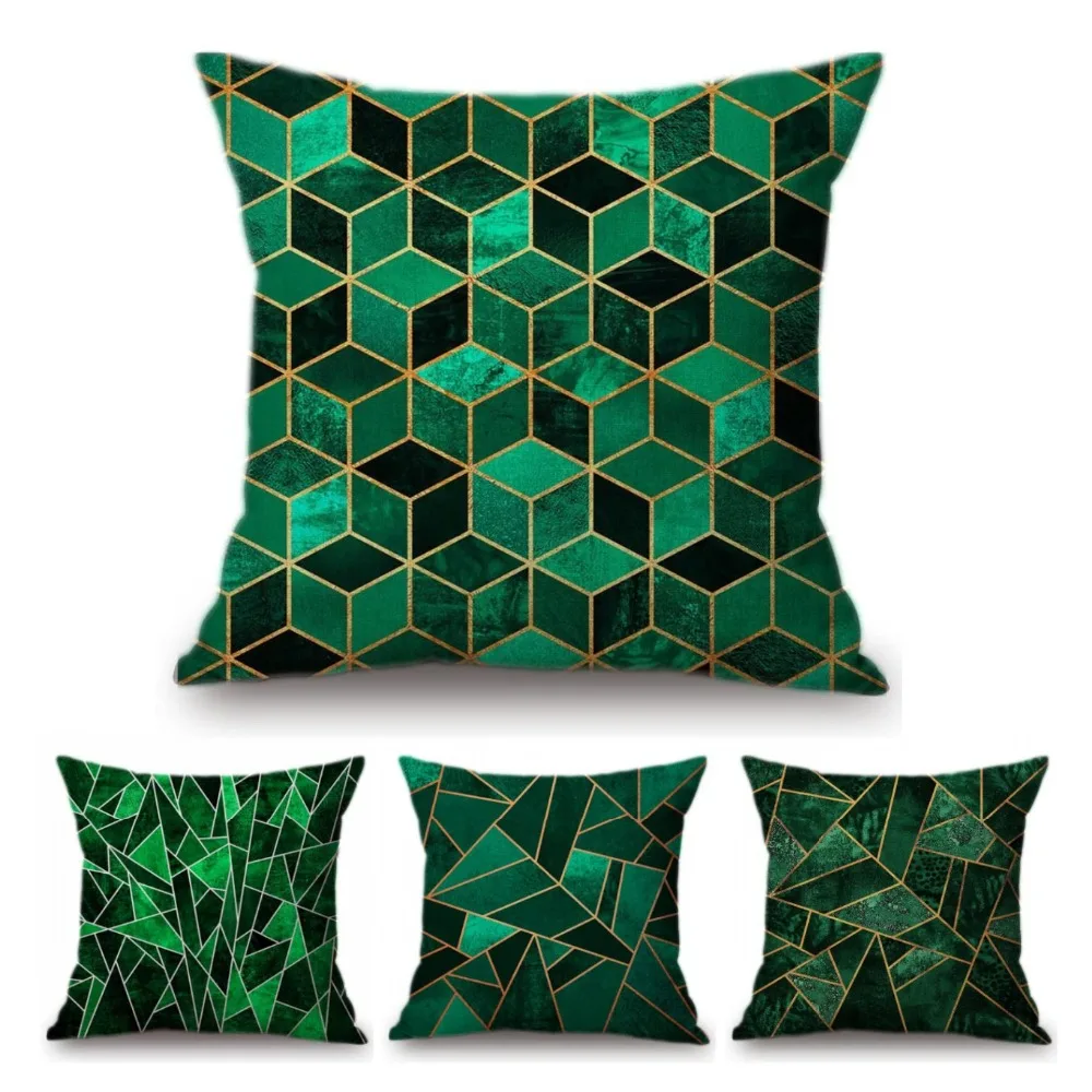 

Emerald Geometric Cubes Triangle Decorative Sofa Pillow Cotton Linen Jade Green Pastoral Marble Texture Cushion Cover Car Pillow