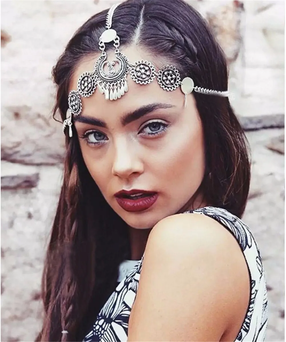Imixlot богемная винтажная Серебряная свадебная тиара с цветком, головной убор, этническая цепочка на голову, турецкие аксессуары для волос, ювелирные изделия
