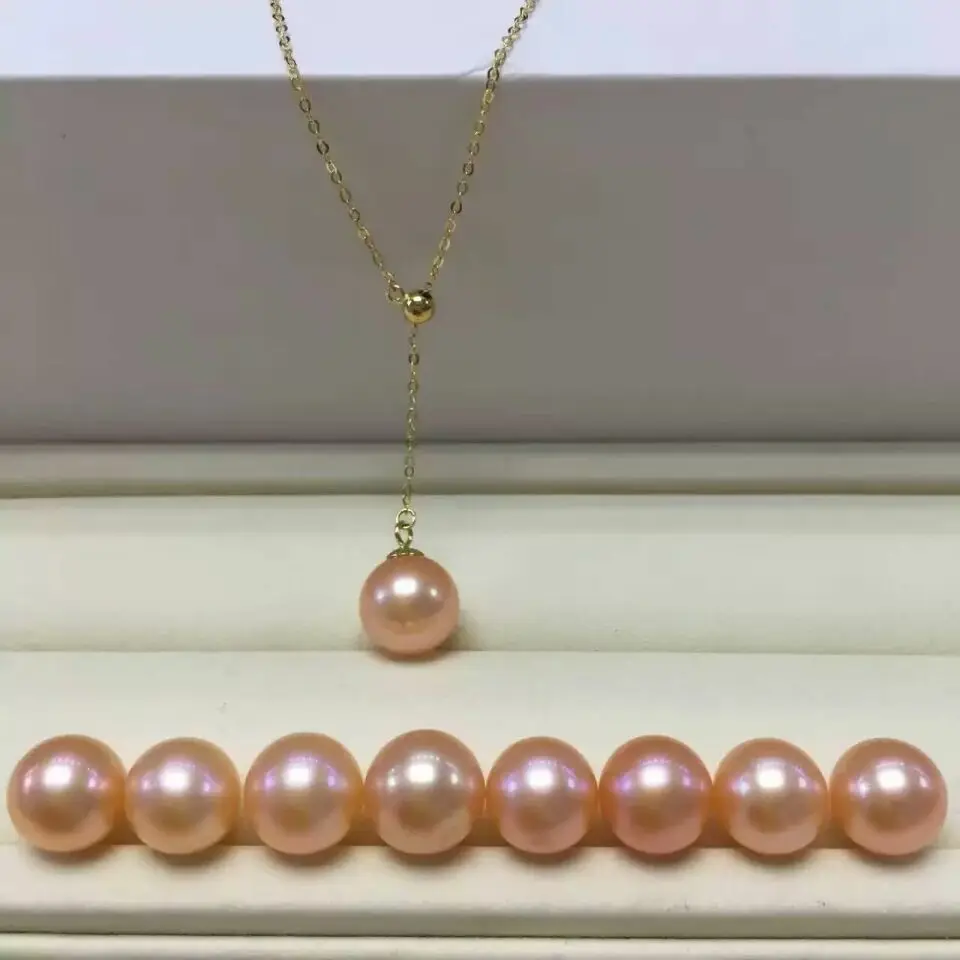 

9-10mm natural Akoya gold pink pearl pendant necklace18inch yellow gold