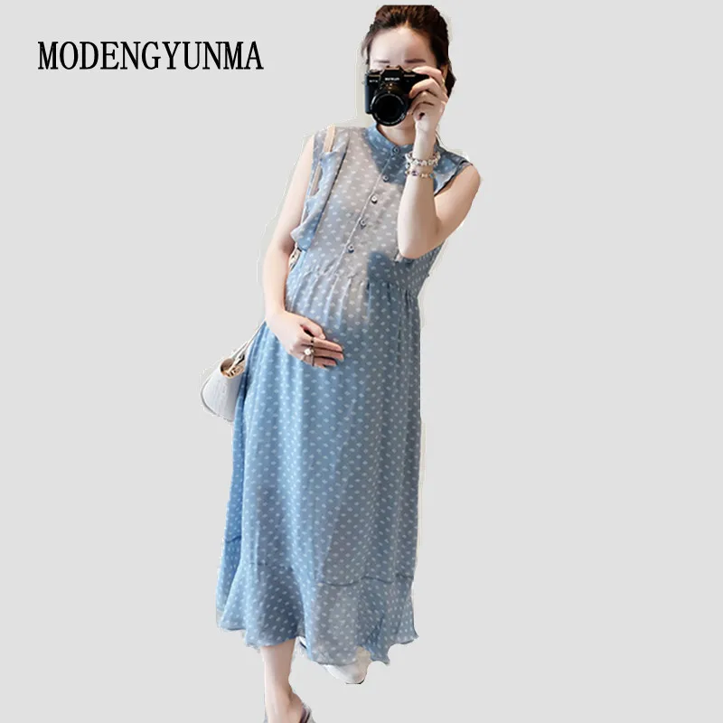 

MODENGYUNMA Pregnant Women Midi Pleated Chiffon Dress Pink Polka Dots Summer Pregnancy Clothes Loose Plus Size Maternity Dresses