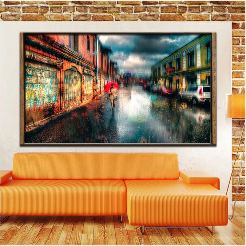 

Town Street Landscape Canvas Painting Digital Printed Canvas Art Picture A Girl Walks In The Rain Oil Painting Home Decor Gift
