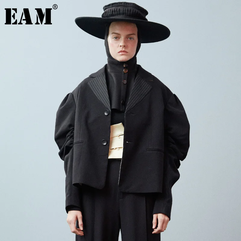 

[EAM] 2019 Spring Woman Stylish Solid Color Turn-down Collar Long Puff Sleeve Pleated Single Breasted Short Coat LE003