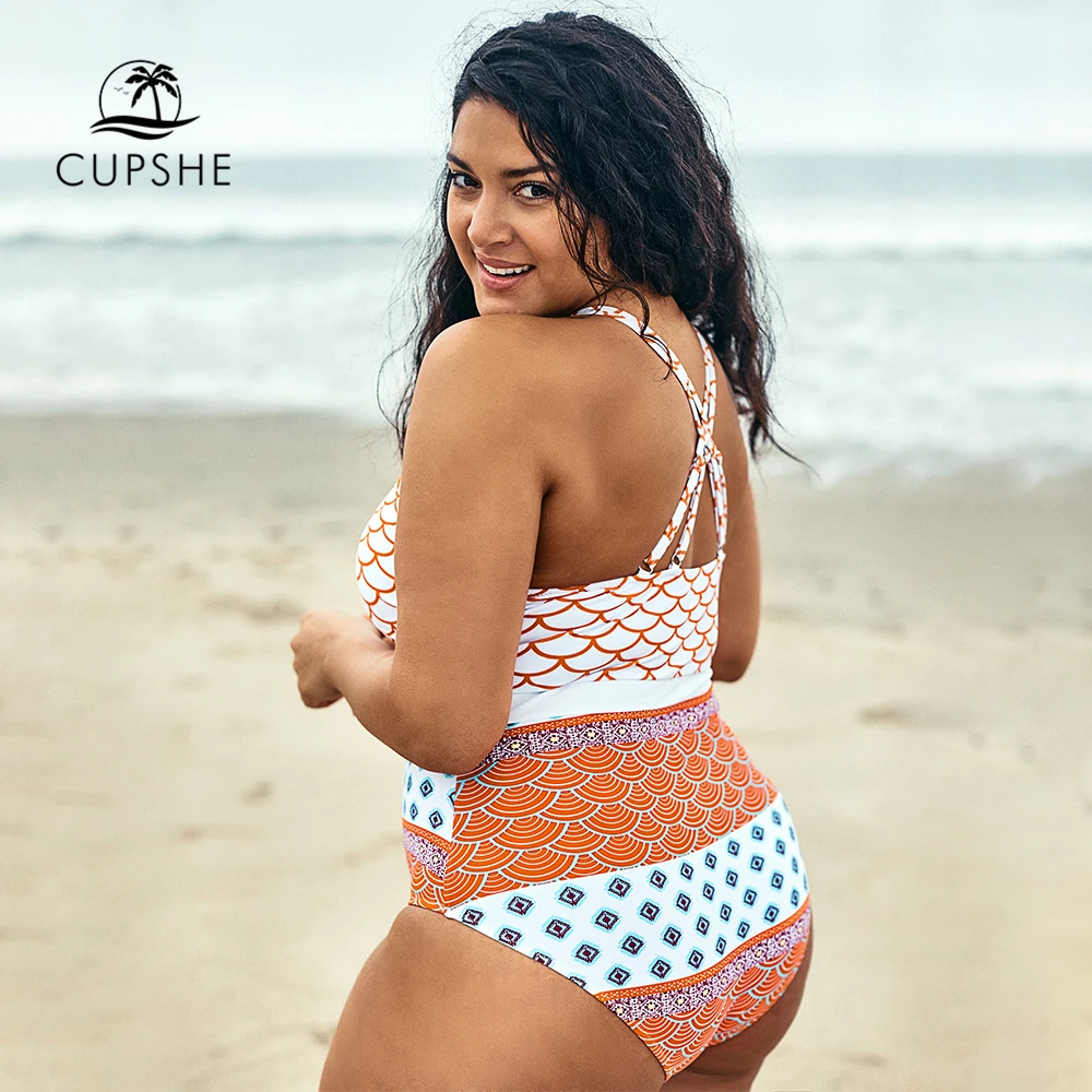 Billig CUPSHE Plus Größe Fisch Waagen Printed One Piece Badeanzug Frauen Sexy Monokini Badeanzüge 2020 Mädchen Strand Bademode