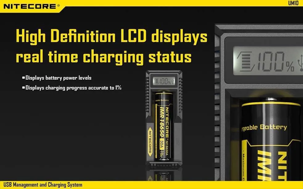 Nitecore UM10 цифровой Смарт USB Зарядное устройство 18650 17650 17670 RCR123A 16340 14500