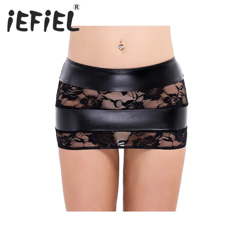 

Fashion Female Women Ladies Faux Leather and Lace Splice Striped Bodycon Skirt Party Nightwear Clubwear Costumes Lace Skirt