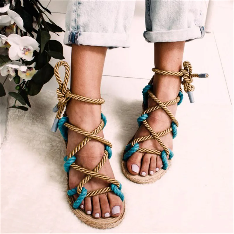 Litthing Summer Sandals For Women Hemp Rope Shoes Woman Rome Casuals Hemp Rope Sandals Zapatos De Mujer Rome Sandals - Color: blue