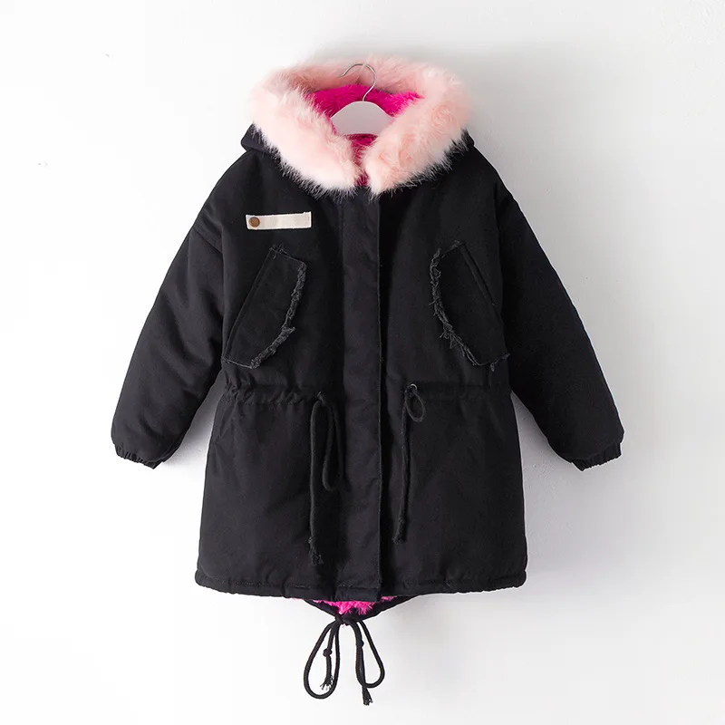 

Figwit Girls Winter Jacket Coat Cotton Teen Fur Collar Coat Warm Outwear Children Clothes Kids Long Coat Black Green Hooded