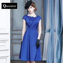 QUEENTOR 2017 brand vestidos de fiesta summer short sleeve high-end vintage blue midi party dresses women