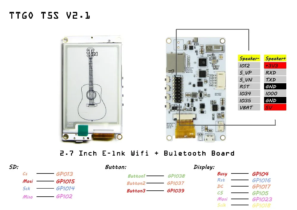 TTGO T5s V2.1 ESP32 2," электронная бумага плюс модуль для Alexa ies DAC MAX98357A MEMS микрофон ICS43434