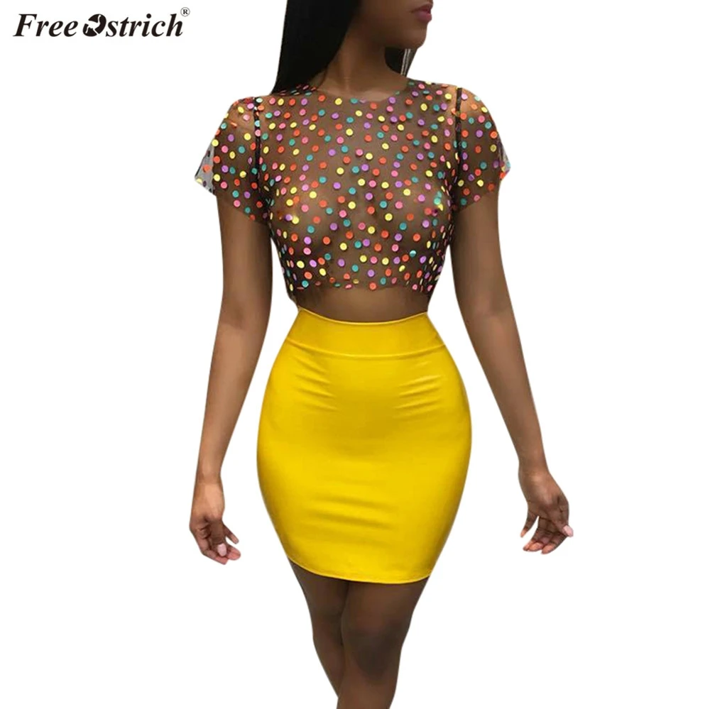 FREE OSTRICH 2019 women suits skirt 2 Pieces Dot Print Mesh Short T-shirt + Mini Skirt Sets skirts and tops |