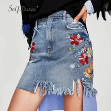 Изделие Duna Лето Для женщин Джинсы для женщин Юбки для женщин цветочной вышивкой короткая юбка синий кисточкой асимметричный пикантные джинсовые Мини-юбки