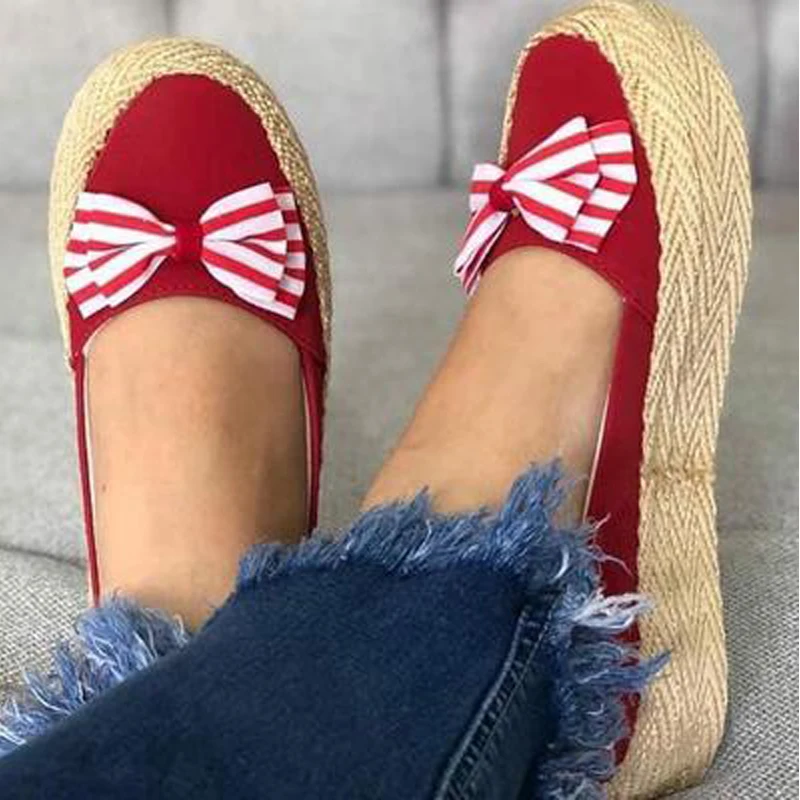 Laamei/Женская обувь на плоской подошве с бантом; весенние Лоферы ручной работы с круглым носком; удобная обувь на мягком каблуке; Feminino Zapatos De Mujer; - Цвет: Red