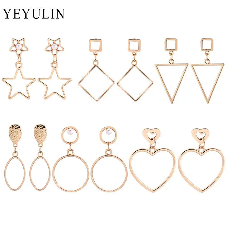 

Hot Selling Alloy Gold Color Geometry Earrings Square Round Star Heart Shape Dangling Ear Jewelry For Female