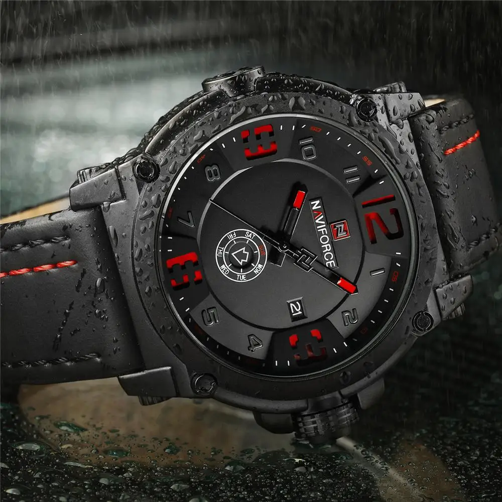 Часы NAVIFORCE мужские спортивные водонепроницаемые с кожаным ремешком