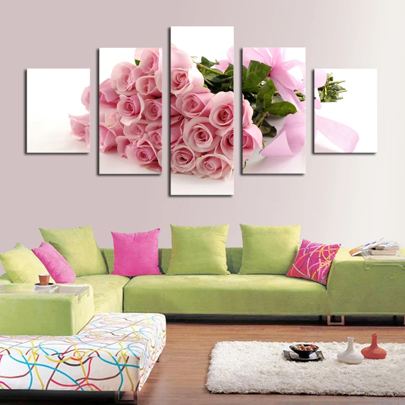 5 Piece Pink Roses Picture Painting Modern Home Wall Decor For Living