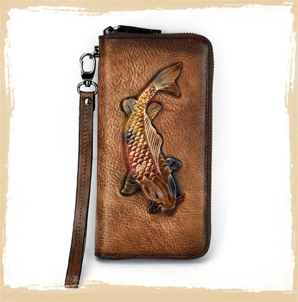 Женский кошелек из натуральной кожи с милой рыбкой, роскошный длинный клатч, удобная сумка с принтом рыбы, Женский кошелек для карт, дамская сумка для денег с зажимами